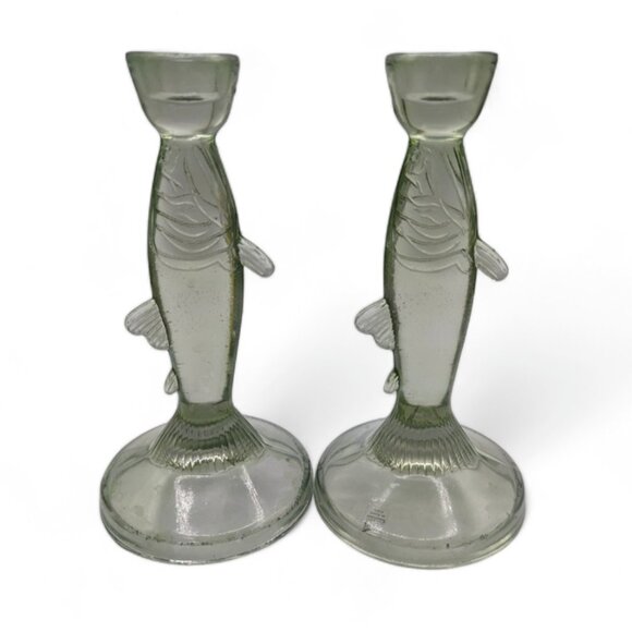 Antique Clear Pressed Glass Fish Candlestick Pair - Figural Glass Candle Holders